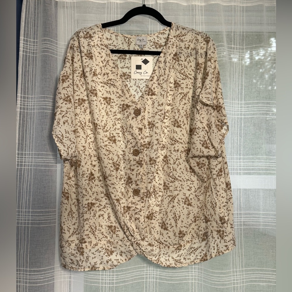 Beige Blouse with Brown flowers twisted front